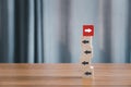 Wood block stack on table. Red cube different unique way. Differential think idea of business teamwork vision creative new