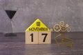 Wood blocks in box with date, day and month 17 November. Wooden blocks calendar