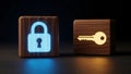 Wood blocks with symbols of lock and key symbolizing data security Royalty Free Stock Photo
