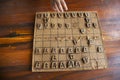 Wood board of japanese chess or Shogi board game on wooden table for children kid player playing in competition match at Wat Khao