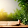 wood board with plants and green background on a wooden table. symbolize nature, healthy lifestyle Royalty Free Stock Photo