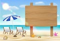 Wood board sign on sea sand beach with relax chair Royalty Free Stock Photo