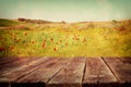 Wood board table in front of summer landscape of field with many flowers . background is blurred Royalty Free Stock Photo