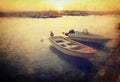 Wood boards in front of sea landscape and fishing boats