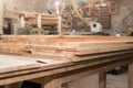 Wood boards, parquet drying on wood factory. Wood processing on factory Royalty Free Stock Photo