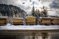 Wood boards, sawmill in winter