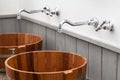 Wood bowl hand wash basin Royalty Free Stock Photo