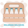 Wood box with milk bottles. Milkman delivery. Royalty Free Stock Photo