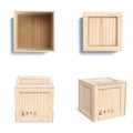 Wood box. Wooden open gift, cargo package with texture and fragile labels, empty container realistic mockup, brown board