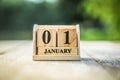 Wood brick block show date and month calendar of 1st January or New year day. Royalty Free Stock Photo