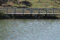 Wood bridge countryside with river. Close up of wood bridge.