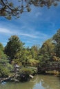 A wood bridge leading to a small island in a lake with evergreens, shrubs and a Japanese stone lantern in IL Royalty Free Stock Photo