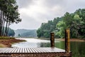 Wood bridge ,pine tree forest near lake at Pang Oung national park Royalty Free Stock Photo