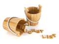 Wood buckets with letters on white background