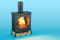 Wood burner stove with chimney pipe and firewood burning, 3D rendering Royalty Free Stock Photo