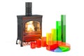 Wood burner stove with chimney pipe and firewood burning, 3D rendering Royalty Free Stock Photo