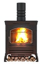 Wood burner stove, log burner with chimney pipe and firewood burning, 3D rendering Royalty Free Stock Photo