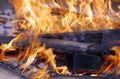 Wood burning in a big iron brazier Royalty Free Stock Photo