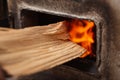 Wood burning inside the bio fuel boiler, close up Royalty Free Stock Photo