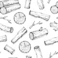 Wood, burning materials. Vector sketch illustration collection. Materials for wood industry. Stump, branch, timber. Tree