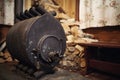 Wood burning stove. Firewood for furnace heating. Warehouse for Royalty Free Stock Photo