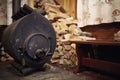 Wood burning stove. Firewood for furnace heating. Warehouse for Royalty Free Stock Photo