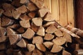 Wood burning stove. Firewood for furnace heating. Warehouse for Royalty Free Stock Photo