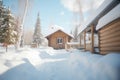 wood cabin with a clear path shoveled through snow Royalty Free Stock Photo