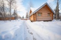 wood cabin with a clear path shoveled through snow