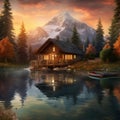 Wood Cabin High in the Mountains with Sunset