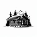 Simple Cabin House Tree Lodge Vector Print In High Contrast Black And White