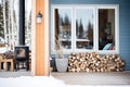 wood cabin porch with stacked firewood and snow Royalty Free Stock Photo