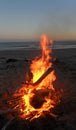 Wood camp fire on the beach, big red flame on the Ocean. Royalty Free Stock Photo