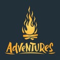 Wood campfire on dark background, travel and adventure symbol. Adventures hand drawn lettering. Fire bright design. Tourist