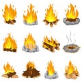 Wood campfire. Outdoor bonfire, fire burning wooden logs and camping stone fireplace cartoon vector illustration set