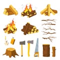 Wood campfire. Tree logs pile, branches, lumberjack ax, saw and matches for make bonfire. Burn firewood stack with