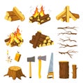 Wood campfire. Tree logs pile, branches, lumberjack ax, saw and matches for make bonfire. Burn firewood stack with flames, timber Royalty Free Stock Photo