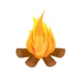 Wood campfire vector drawing. Outdoor bonfire, fire burning wooden logs, camp fireplace. Firewood flames burn