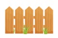 Wood cartoon fence with grass textured, detailed isolated on white background. Rustic construction from planks, rural