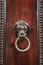 Wood carved lion head with metal ring as door knocker Royalty Free Stock Photo