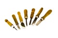 Wood carver handmade chisels group on white