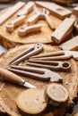 Wood carver`s work place Royalty Free Stock Photo