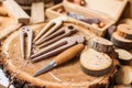Wood carver`s work place Royalty Free Stock Photo