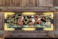 Wood carving depicting three wise monkeys at Toshogu shrine in Nikko, Japan Royalty Free Stock Photo