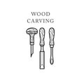 Wood carving tools icon, logo with chisels, timber engraving emblem