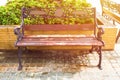 Wood chair in garden with sunrise.Copy space. Royalty Free Stock Photo