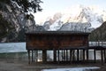 Wood chalet in the lake braies dolomites south tyrol italy Royalty Free Stock Photo