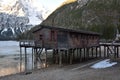 Wood chalet in the lake braies dolomites south tyrol italy Royalty Free Stock Photo