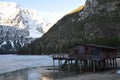 Wood chalet in the lake braies dolomites south tyrol italy Royalty Free Stock Photo