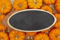 Wood chalkboard sign on pumpkins and a straw hay background